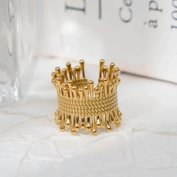 Jewelry Stainless Steel Cshaped Retro Pleated Irregular Hollow Opening Electroplated Geometric Ring For Women