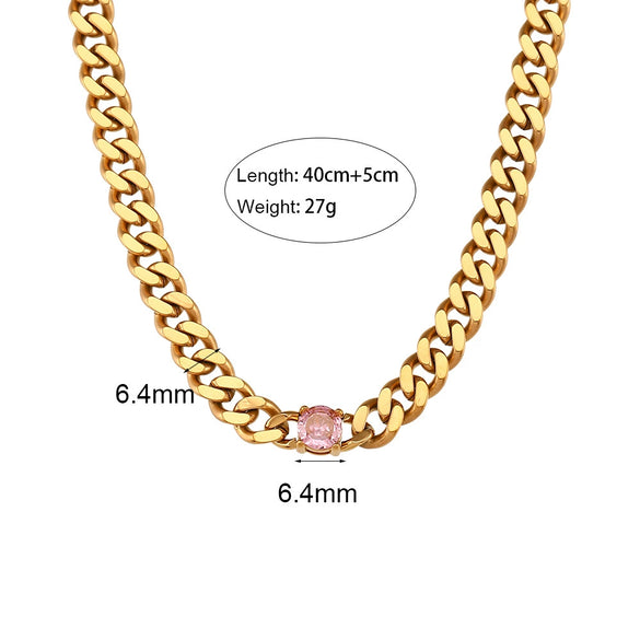 Jewelry Stainless Steel Cuban Chain Round Zircon Necklace Electroplated Geometric Style