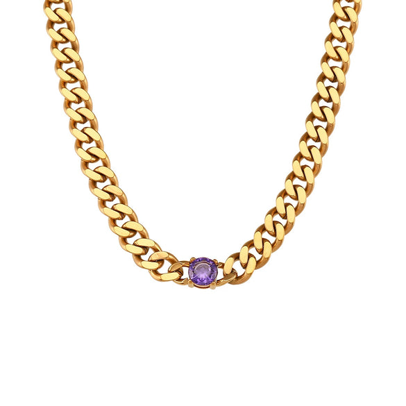 Jewelry Stainless Steel Cuban Chain Round Zircon Necklace Electroplated Geometric Style
