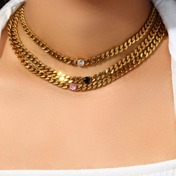 Jewelry Stainless Steel Cuban Chain Round Zircon Necklace Electroplated Geometric Style