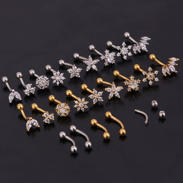 Jewelry Stainless Steel Curved Rod Snail Earring With Zircon And Flower Design