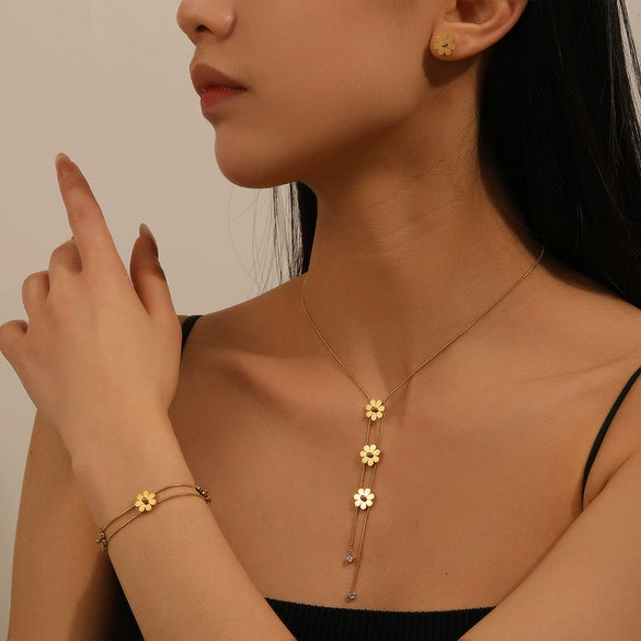 Jewelry Stainless Steel Double Layer Chrysanthemum With Love Water Drops Bell Pattern For Women