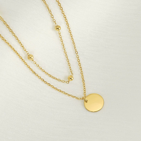 Jewelry 316L Stainless Steel Double Layer Stacked Clavicle Chain With Round Pendant And Round Bead For Women Electroplated Geometric Style