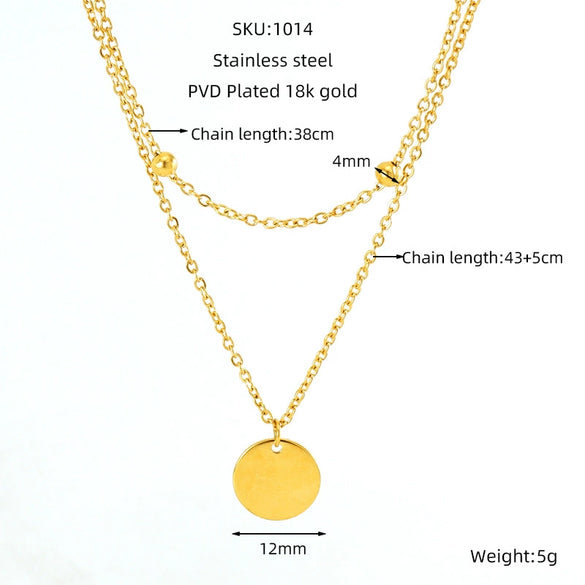 Jewelry 316L Stainless Steel Double Layer Stacked Clavicle Chain With Round Pendant And Round Bead For Women Electroplated Geometric Style