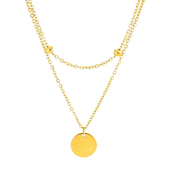 Jewelry 316L Stainless Steel Double Layer Stacked Clavicle Chain With Round Pendant And Round Bead For Women Electroplated Geometric Style