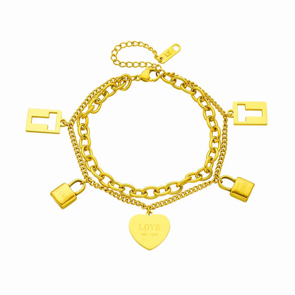 Jewelry Stainless Steel Doublelayer Chain Love Lettering Hollow Lock Pendant Electroplating Unisex