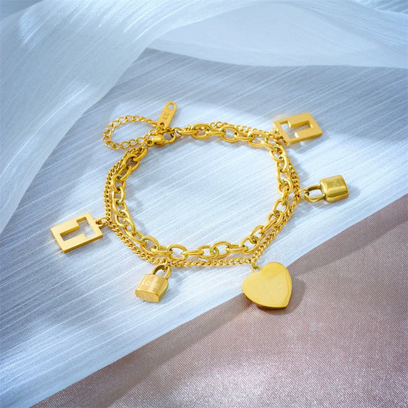 Jewelry Stainless Steel Doublelayer Chain Love Lettering Hollow Lock Pendant Electroplating Unisex