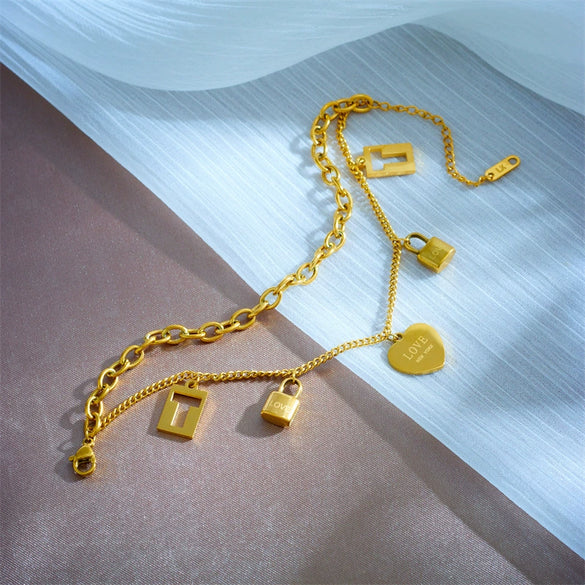 Jewelry Stainless Steel Doublelayer Chain Love Lettering Hollow Lock Pendant Electroplating Unisex