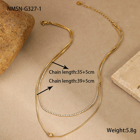 Jewelry Stainless Steel Doublelayer Overlapping Necklace With Zircon Geometric Minimalist Highend Light Luxury Electroplating For Women