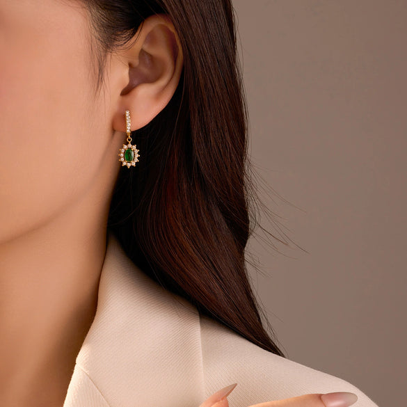 Jewelry Stainless Steel Earrings With 18K Gold Sunflower Emerald Zircon Pendant Electroplating Style For Women