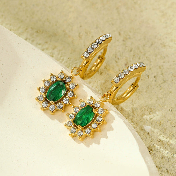 Jewelry Stainless Steel Earrings With 18K Gold Sunflower Emerald Zircon Pendant Electroplating Style For Women
