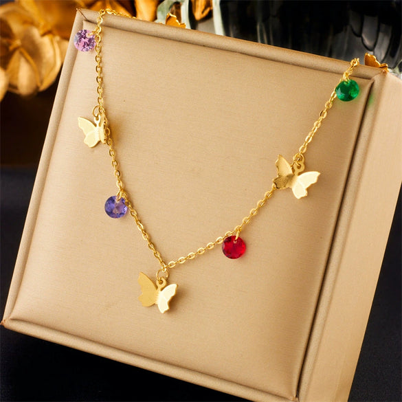Jewelry Stainless Steel Faceted Beaded Butterfly Pendant Electroplated Highend Cold Style Necklace For Women