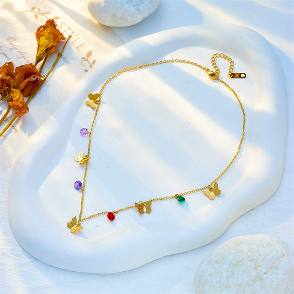 Jewelry Stainless Steel Faceted Beaded Butterfly Pendant Electroplated Highend Cold Style Necklace For Women