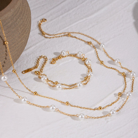 Jewelry Stainless Steel Geometric Beaded Pearl Bracelet And Necklace Electroplating Style For Women