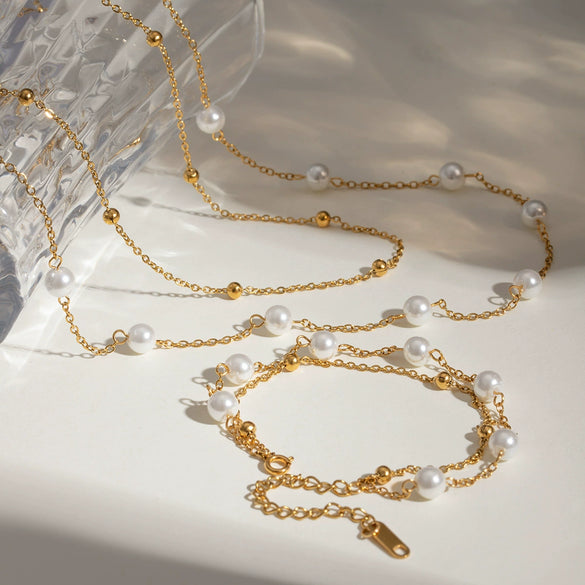Jewelry Stainless Steel Geometric Beaded Pearl Bracelet And Necklace Electroplating Style For Women