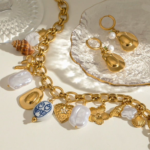 Jewelry Stainless Steel Geometric Bow Pearl Necklace And Ceramic Earrings Electroplating