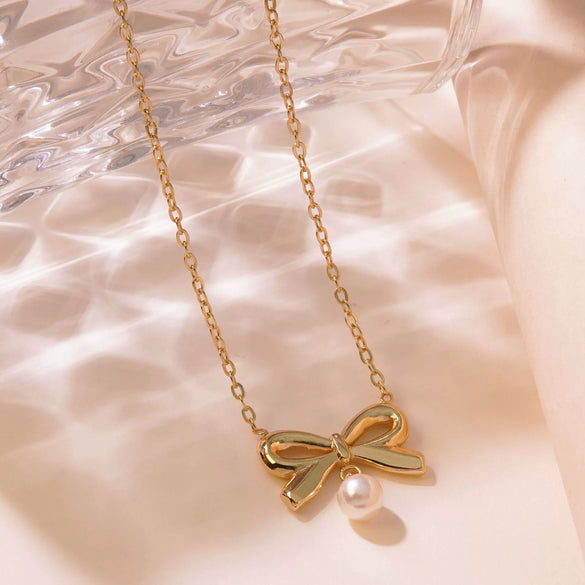 Jewelry Stainless Steel Geometric Bow Pearl Pendant Clavicle Chain Gold Plated