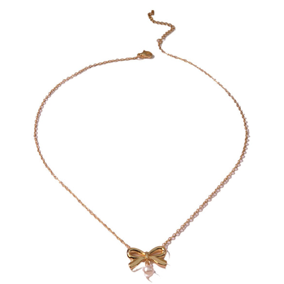 Jewelry Stainless Steel Geometric Bow Pearl Pendant Clavicle Chain Gold Plated