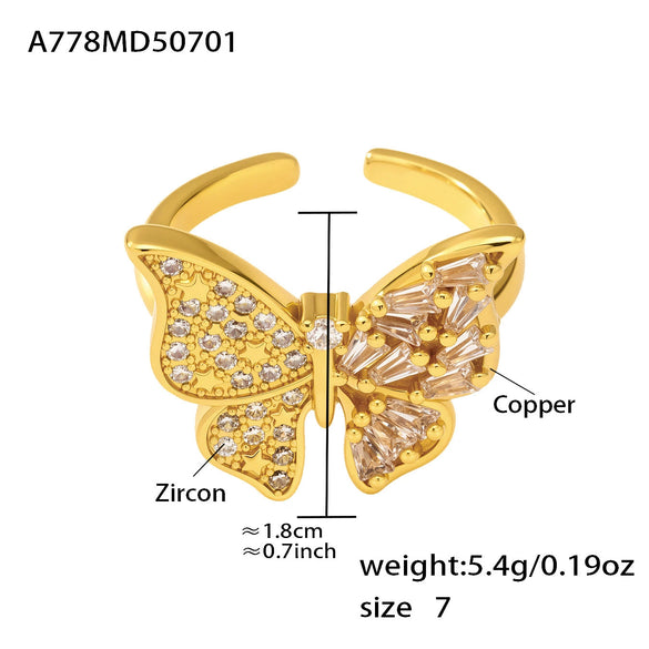 Jewelry 316L Stainless Steel Geometric Butterfly Ring With Gold Plated And Zircon Inlaid