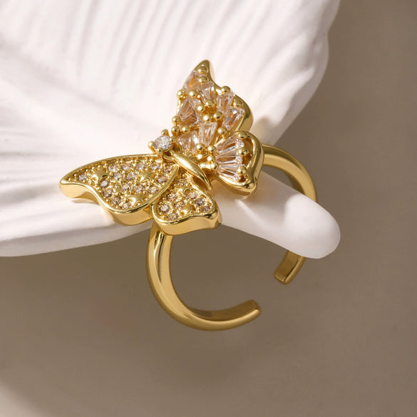 Jewelry 316L Stainless Steel Geometric Butterfly Ring With Gold Plated And Zircon Inlaid
