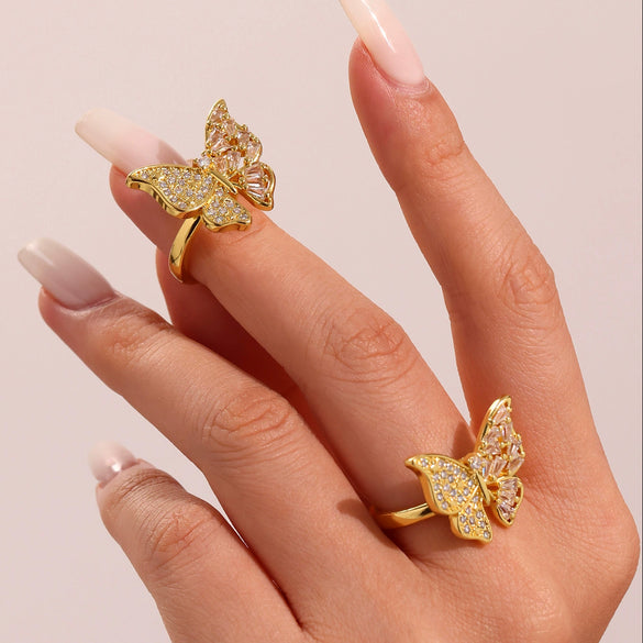 Jewelry 316L Stainless Steel Geometric Butterfly Ring With Gold Plated And Zircon Inlaid