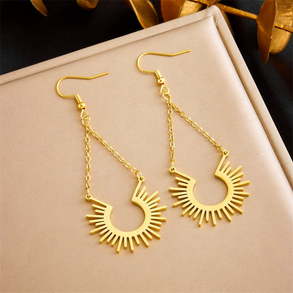 Jewelry Stainless Steel Geometric Chain Tassel Sun Pendant Earrings Electroplating For Women