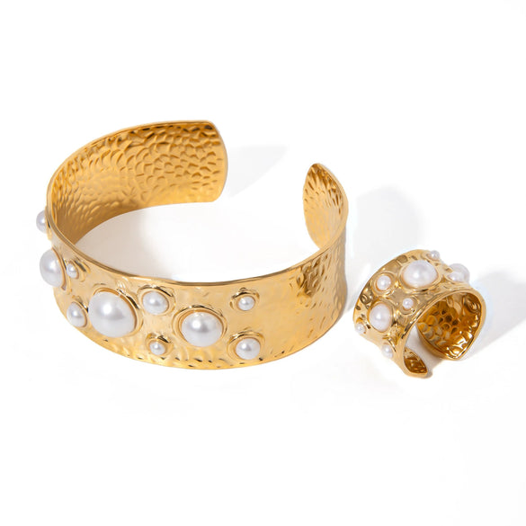 Jewelry Stainless Steel Geometric Open Ring And Bracelet With Hammer Beads And Electroplating Treatment