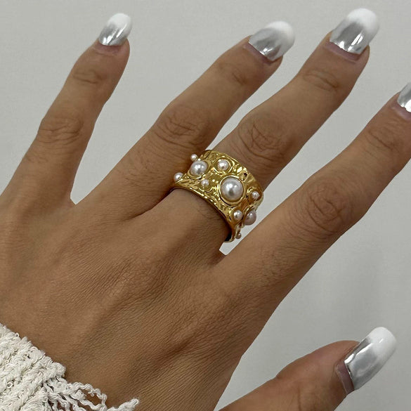 Jewelry Stainless Steel Geometric Open Ring And Bracelet With Hammer Beads And Electroplating Treatment