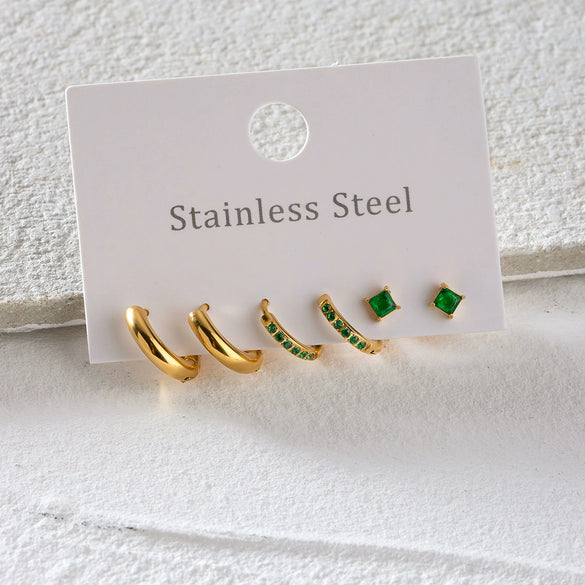 Jewelry Stainless Steel Geometric Square Zircon Earrings Three Piece Set Electroplating For Women
