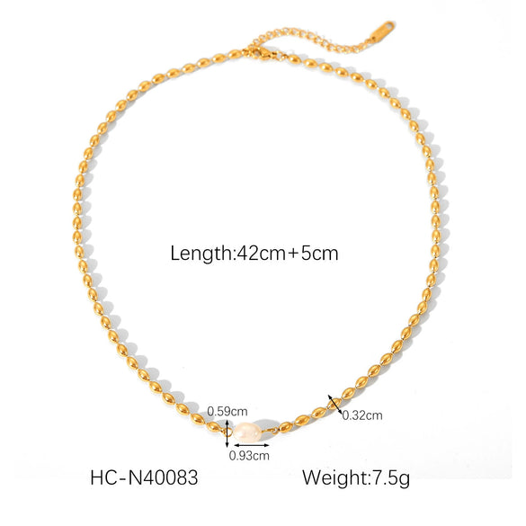 Jewelry Stainless Steel Geometric Style Natural Freshwater Pearl Oval Gold Bean Necklace And Bracelet