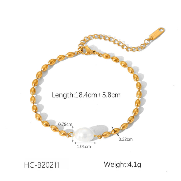 Jewelry Stainless Steel Geometric Style Natural Freshwater Pearl Oval Gold Bean Necklace And Bracelet