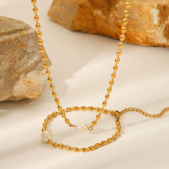 Jewelry Stainless Steel Geometric Style Natural Freshwater Pearl Oval Gold Bean Necklace And Bracelet