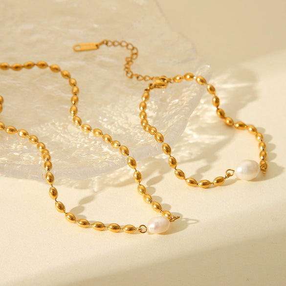 Jewelry Stainless Steel Geometric Style Natural Freshwater Pearl Oval Gold Bean Necklace And Bracelet
