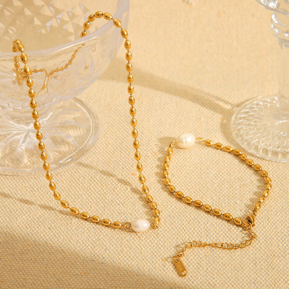 Jewelry Stainless Steel Geometric Style Natural Freshwater Pearl Oval Gold Bean Necklace And Bracelet