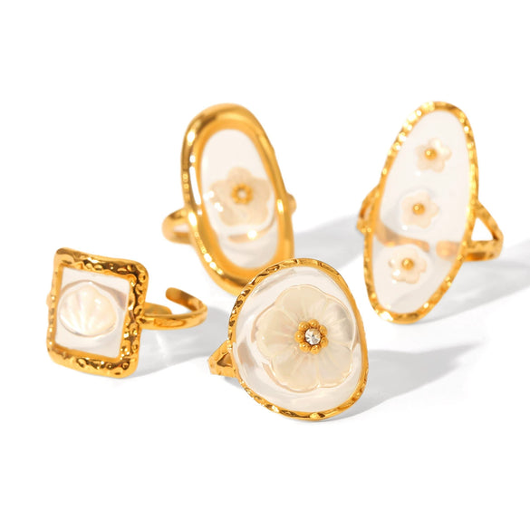Jewelry Stainless Steel Glue Shell Geometric Flower Open Ring For Women