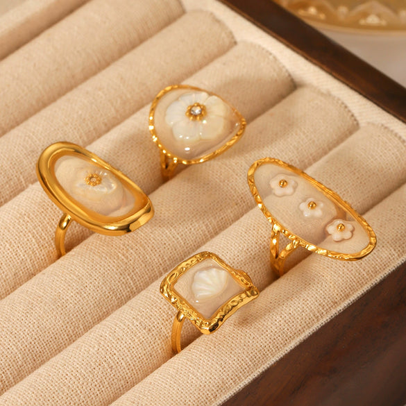 Jewelry Stainless Steel Glue Shell Geometric Flower Open Ring For Women