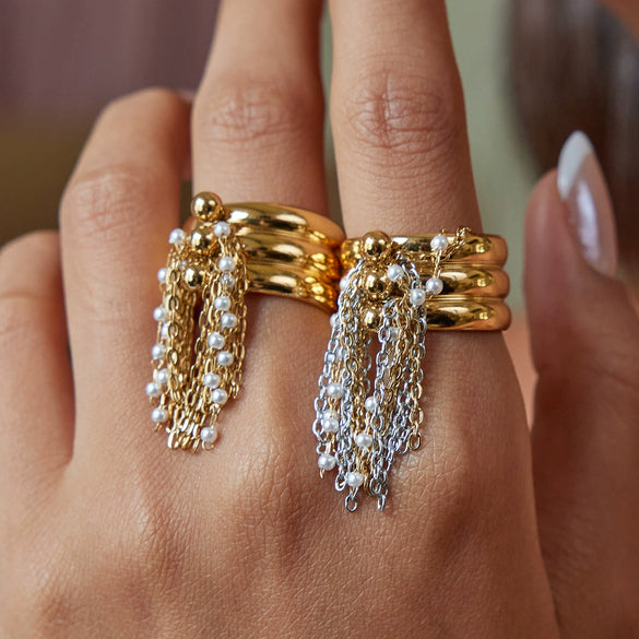 Jewelry Stainless Steel Gold And Silver Color Matching Tassel Open Ring Women's Electroplated