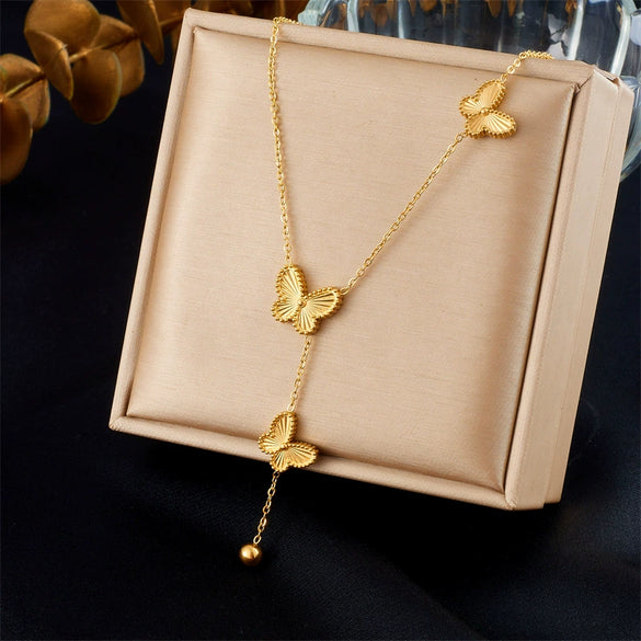 Jewelry Stainless Steel Gold Plated Butterfly Dragonfly Insect Tassel Chain Necklace Bracelet