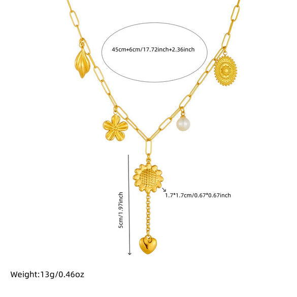 Jewelry Stainless Steel Goldplated Sunflower Leaf Oval Disc Pendant Necklace