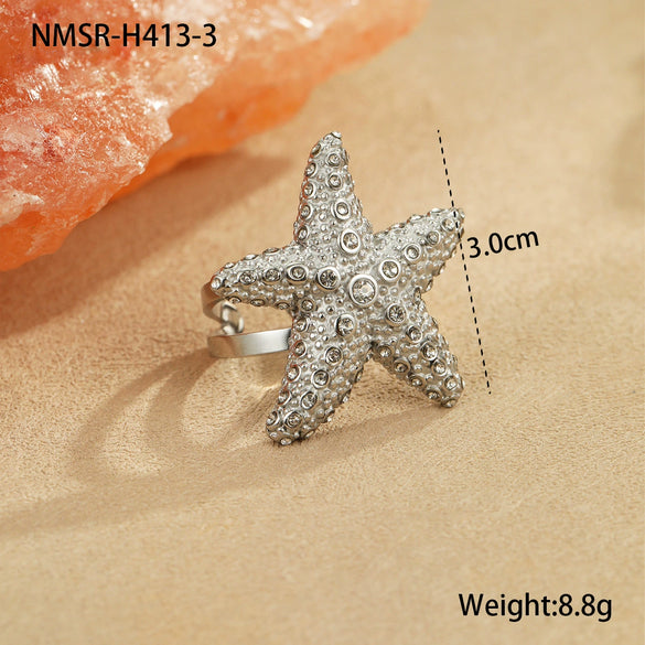 Jewelry Stainless Steel Heart Shape Electroplating Women's Fashion Ol Starfish Necklace Earrings Ring Suit