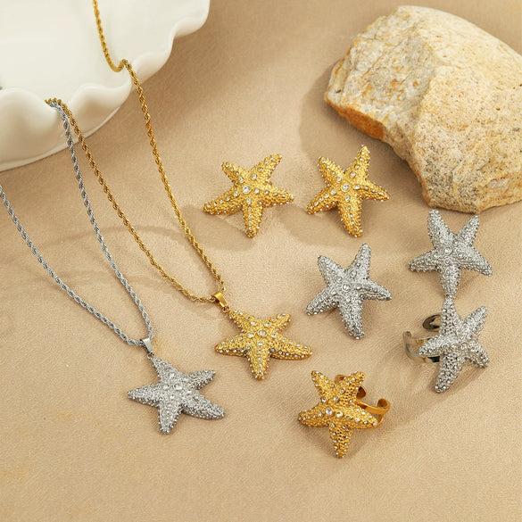 Jewelry Stainless Steel Heart Shape Electroplating Women's Fashion Ol Starfish Necklace Earrings Ring Suit