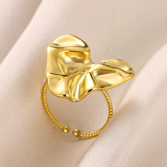 Jewelry Stainless Steel Heart Star Ring Exaggerated Asymmetrical Pleated Electroplated