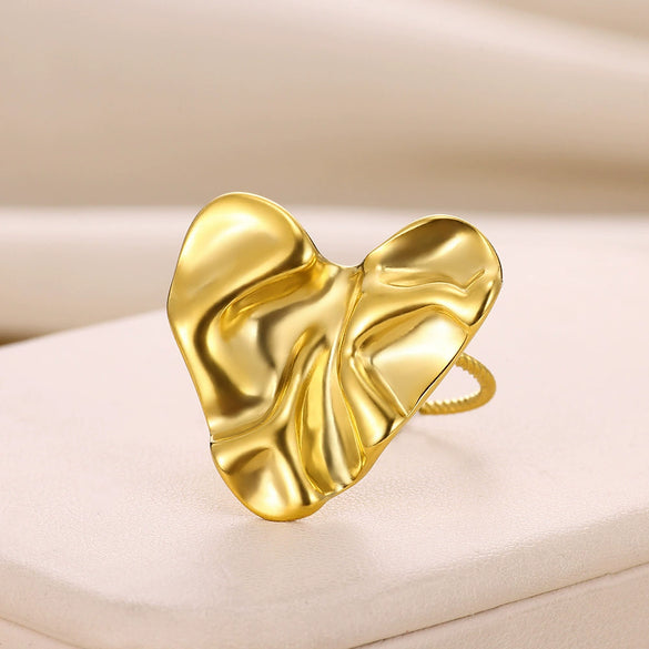 Jewelry Stainless Steel Heart Star Ring Exaggerated Asymmetrical Pleated Electroplated