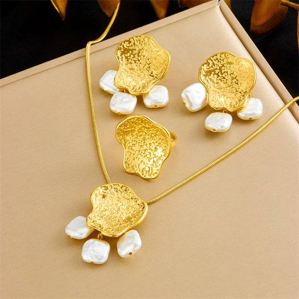 Jewelry Stainless Steel Irregular Geometric Pearl Pendant Necklace Earrings Ring French Retro Electroplating