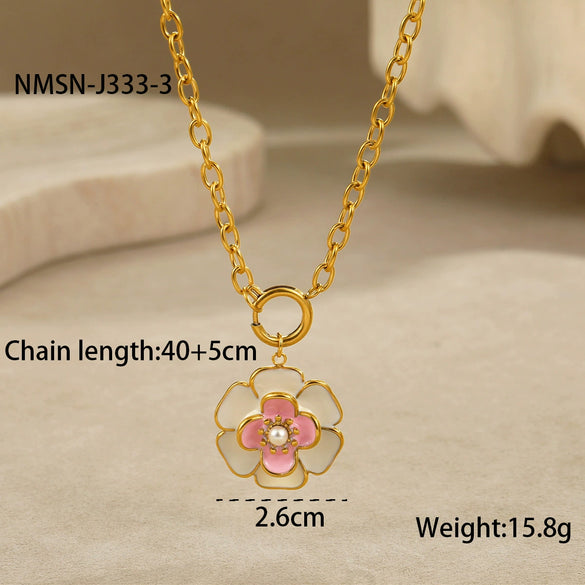 Jewelry Stainless Steel 18K Gold Plated Geometric Style Camellia Oil Drop Flower Necklace Ring Earrings