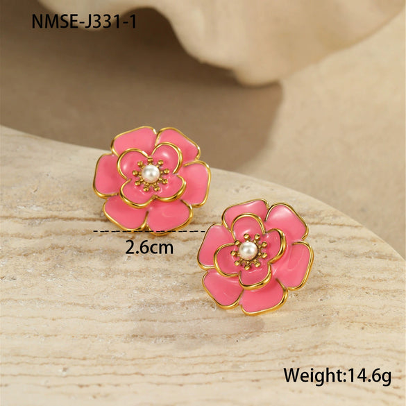 Jewelry Stainless Steel 18K Gold Plated Geometric Style Camellia Oil Drop Flower Necklace Ring Earrings