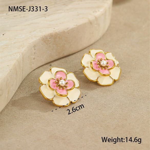 Jewelry Stainless Steel 18K Gold Plated Geometric Style Camellia Oil Drop Flower Necklace Ring Earrings