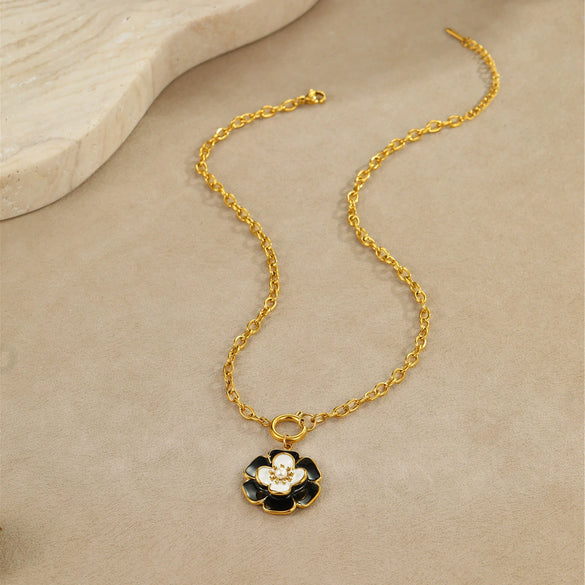 Jewelry Stainless Steel 18K Gold Plated Geometric Style Camellia Oil Drop Flower Necklace Ring Earrings