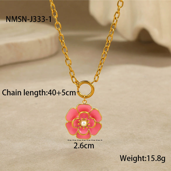 Jewelry Stainless Steel 18K Gold Plated Geometric Style Camellia Oil Drop Flower Necklace Ring Earrings