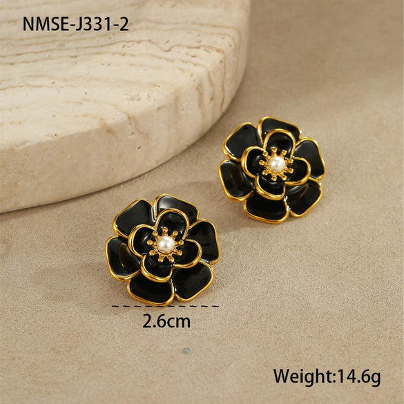 Jewelry Stainless Steel 18K Gold Plated Geometric Style Camellia Oil Drop Flower Necklace Ring Earrings